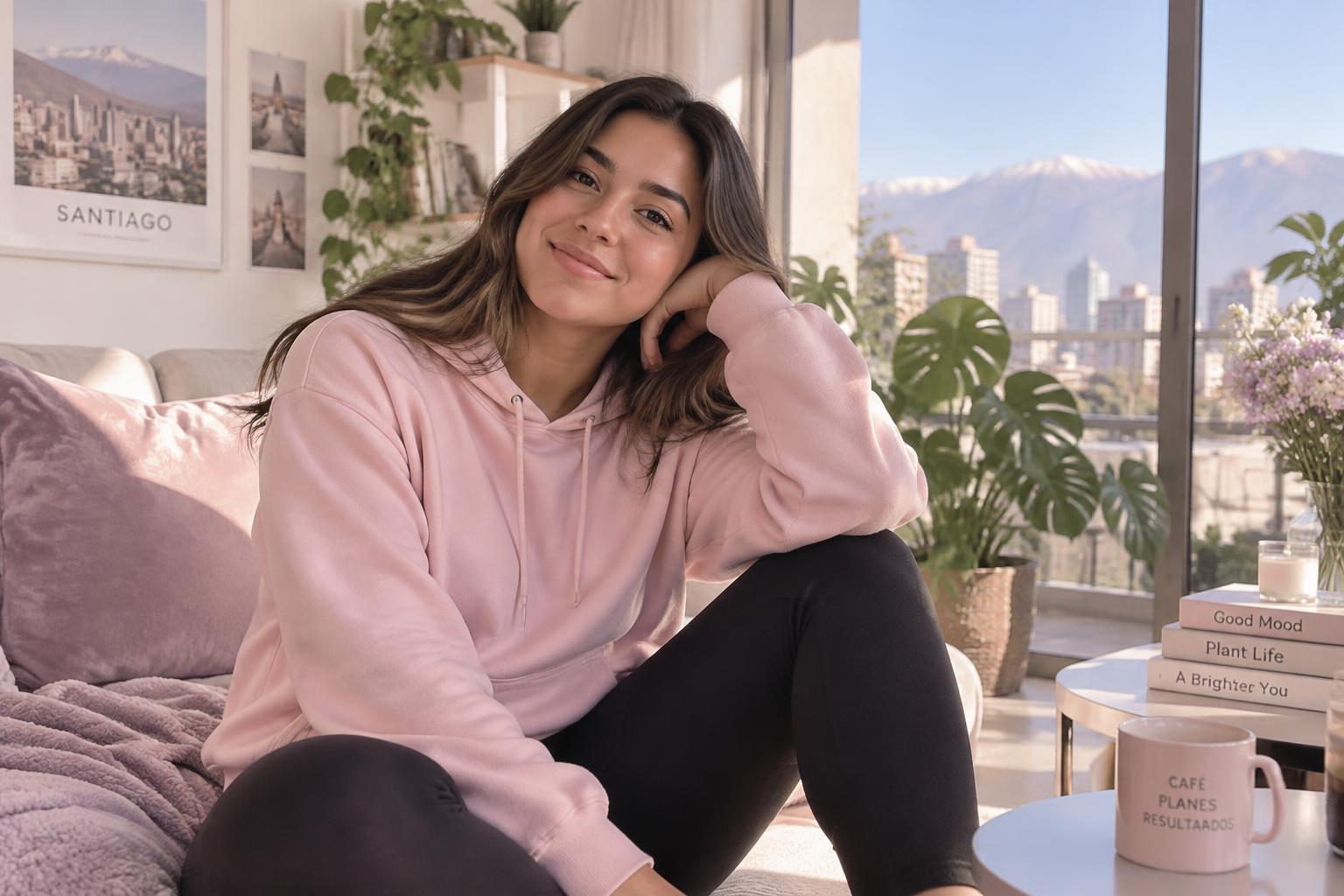 Mujer usando un polerón rosado y calzas negras