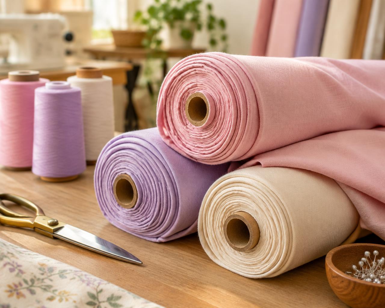 Rollos de tela peruana en tonos rosa, lila y crema
